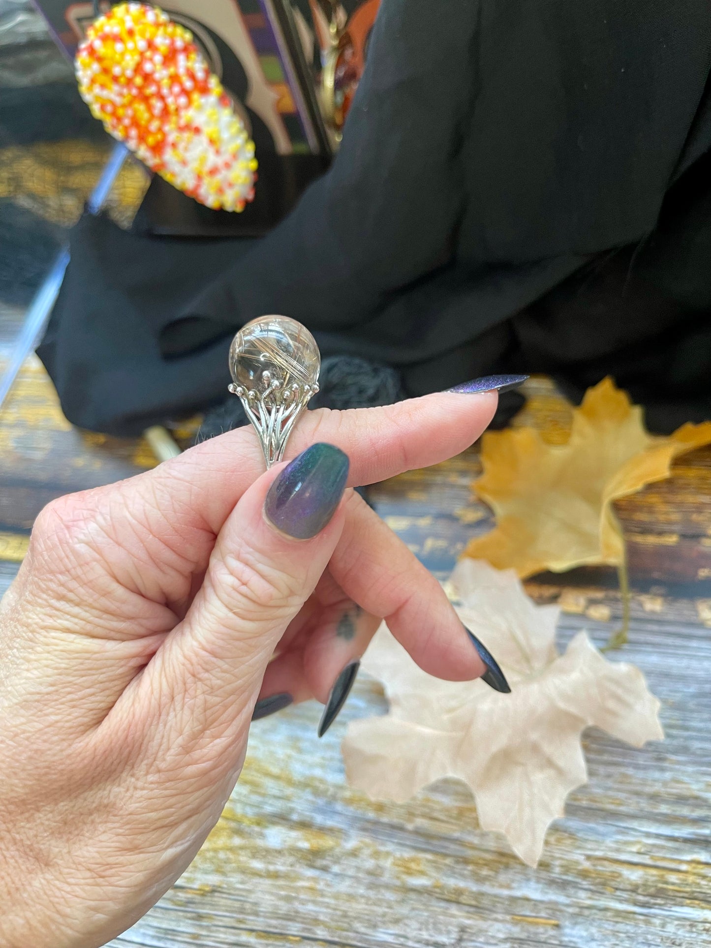 Angel Hair Quartz Crystal Ball Ring