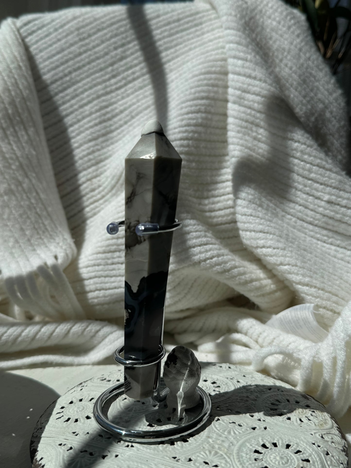 Rare Volcanic Agate Wand with Stand UV Reactive
