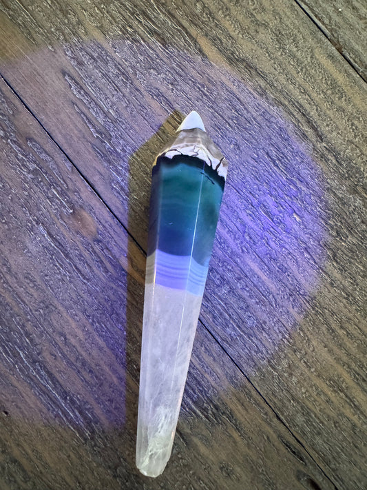 Rare Volcanic Agate Wand with Clear Quartz UV Reactive and Stand