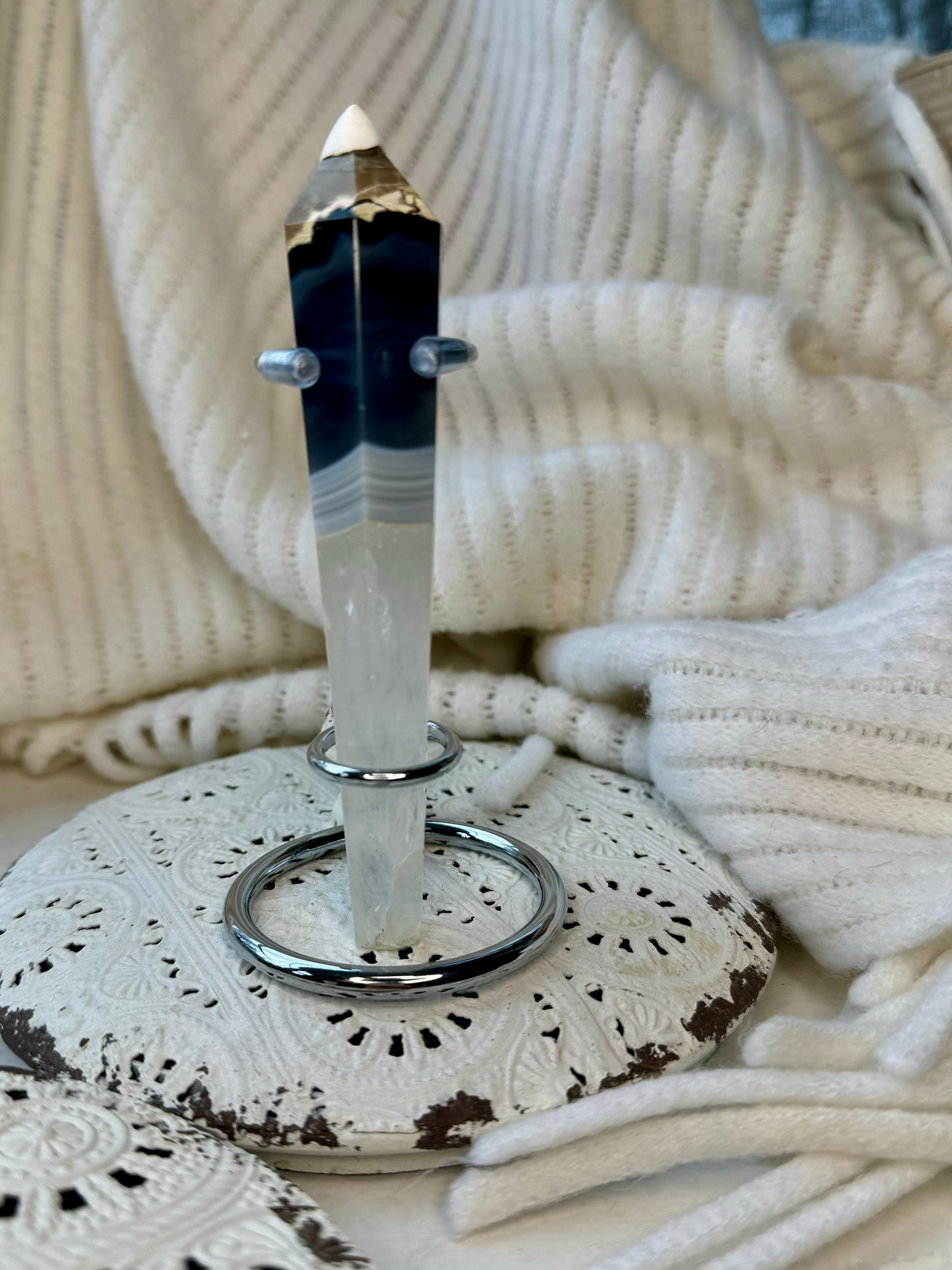 Rare Volcanic Agate Wand with Clear Quartz UV Reactive and Stand