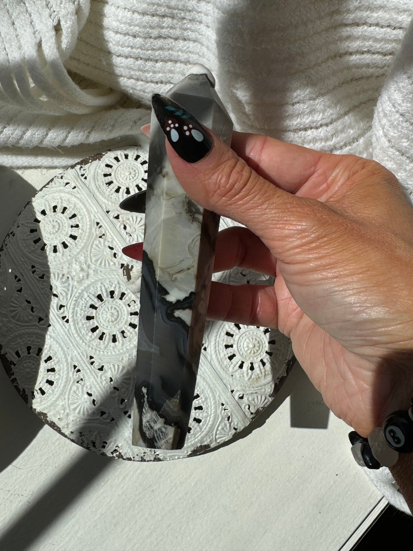 Rare Volcanic Agate Wand with Stand UV Reactive