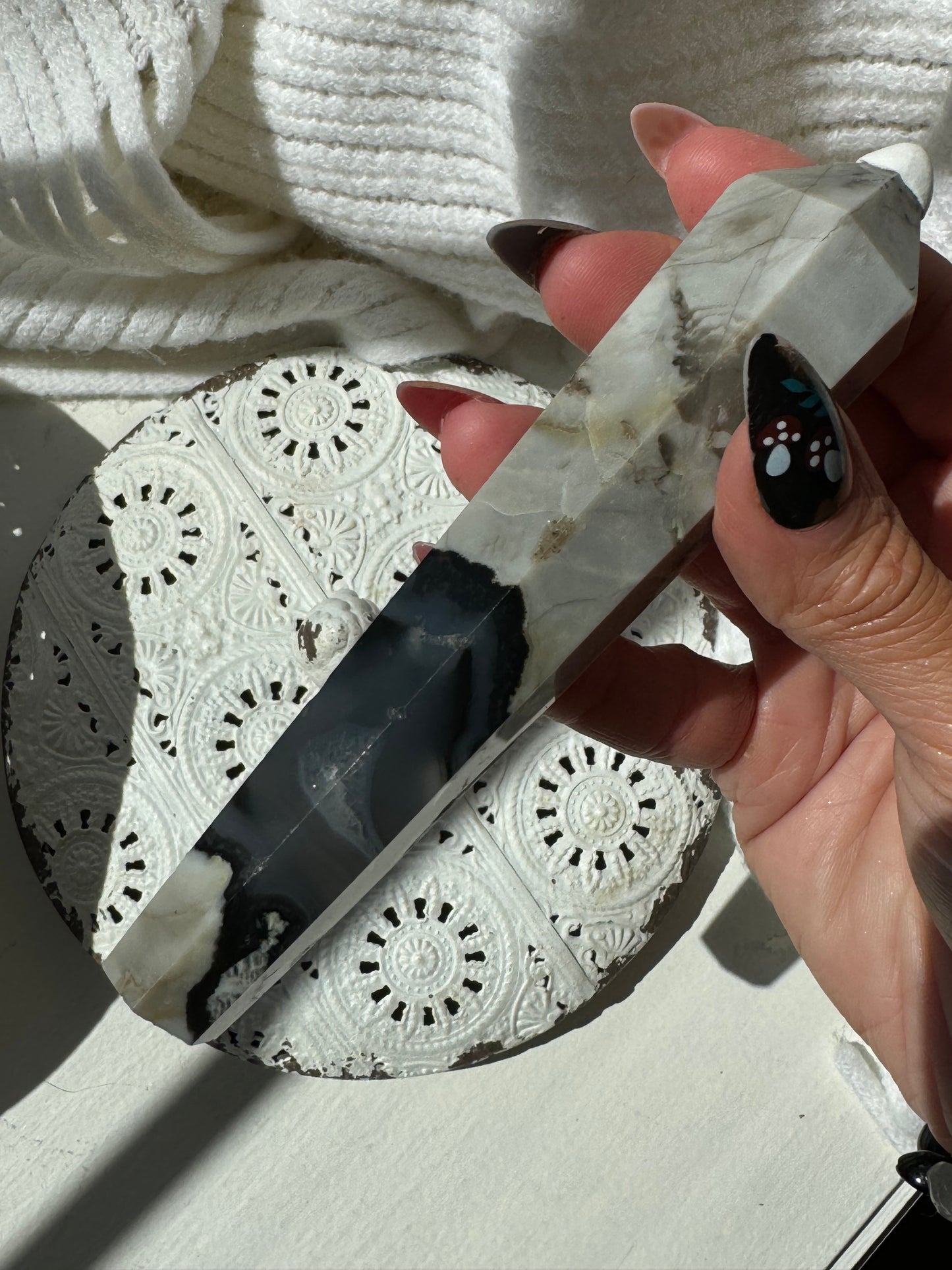 Rare Volcanic Agate Wand with Stand UV Reactive
