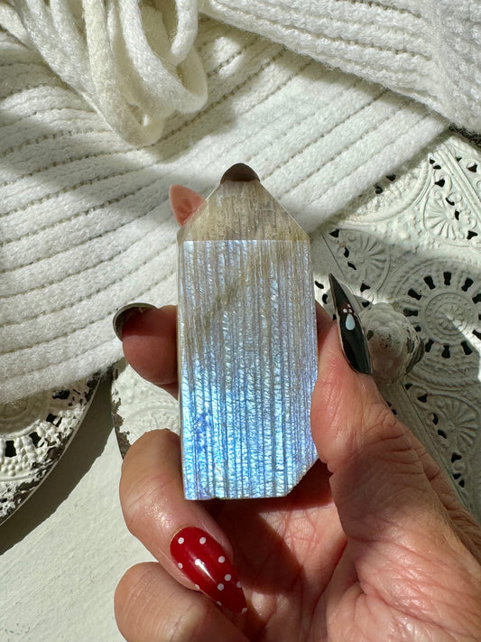 Blue Flash Moonstone Tower with Sunstone