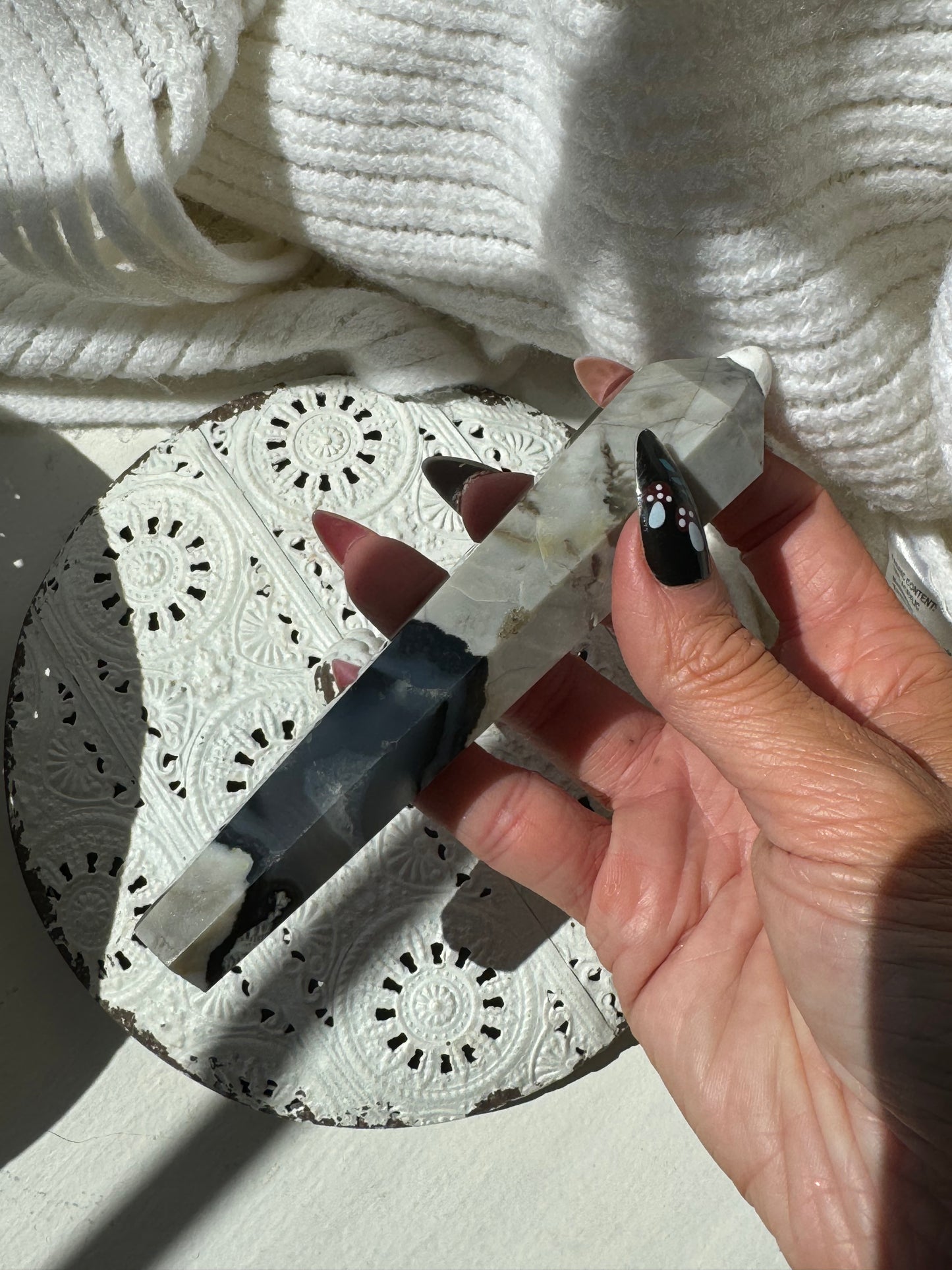Rare Volcanic Agate Wand with Stand UV Reactive