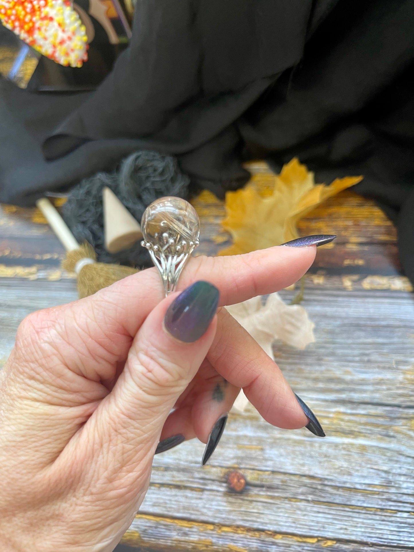 Angel Hair Quartz Crystal Ball Ring