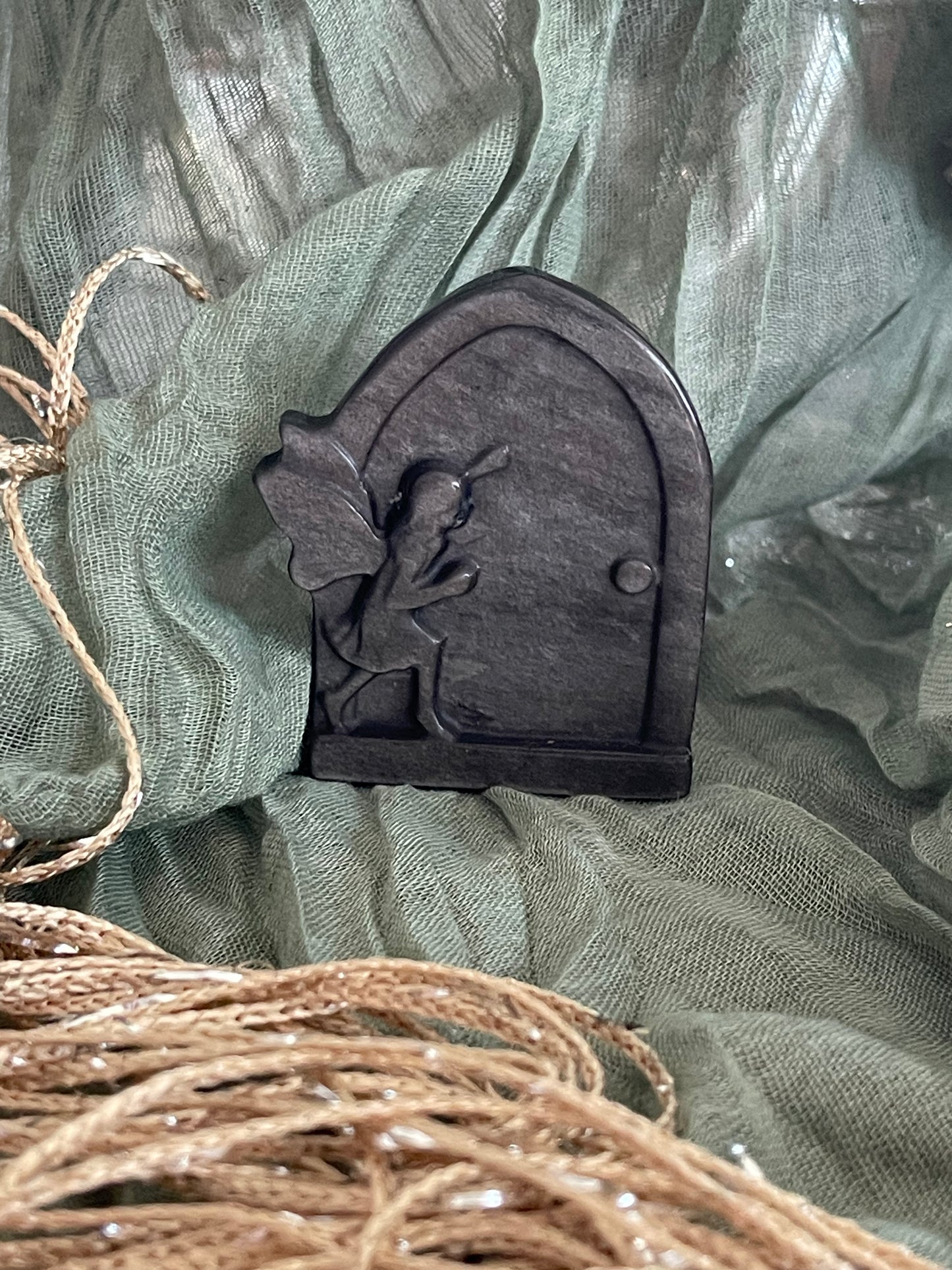 Silver Sheen Obsidian Fairy Door Carving