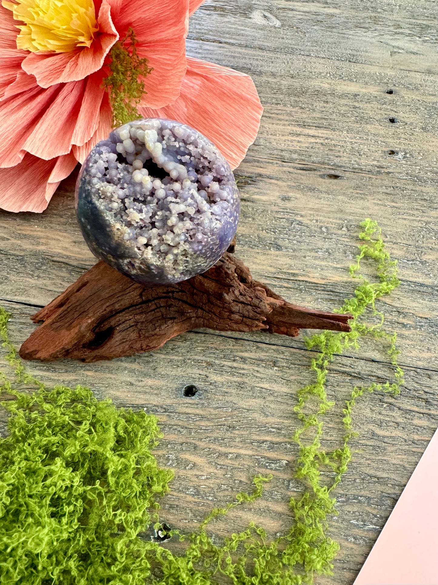 Grape Agate Sphere w Wood Stand