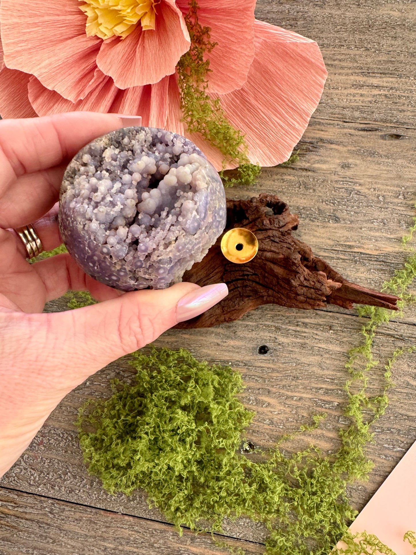 Grape Agate Sphere w Wood Stand