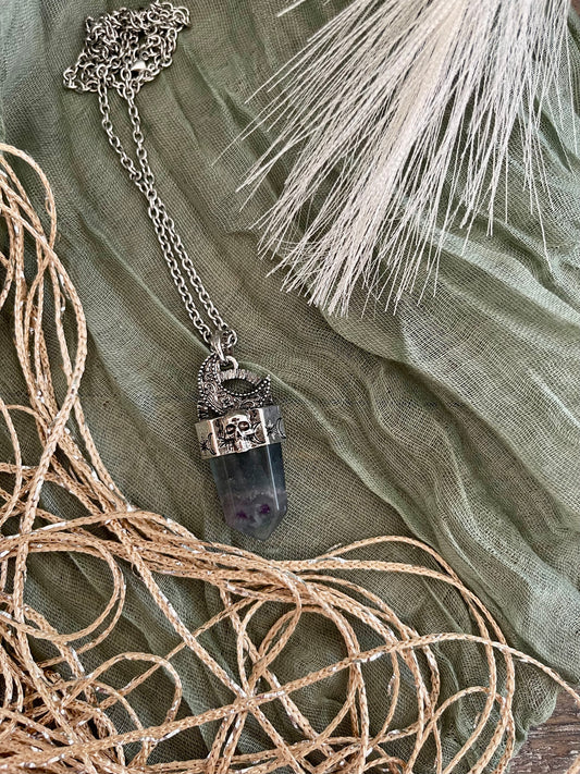 Fluorite Moon and Skull Necklace