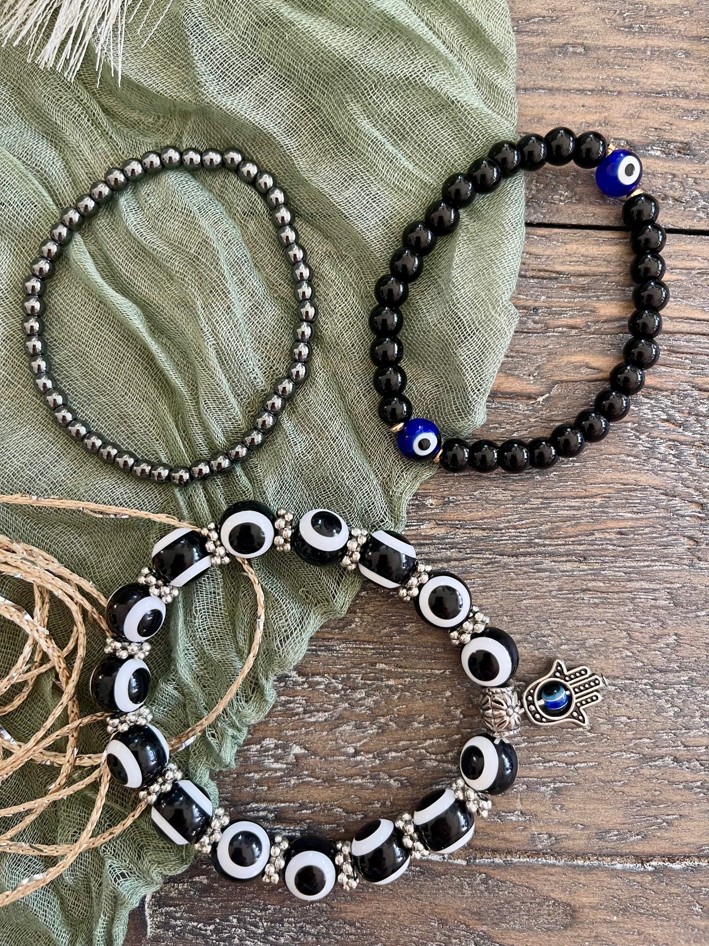 Hematite Evil Eye Bracelet Stack